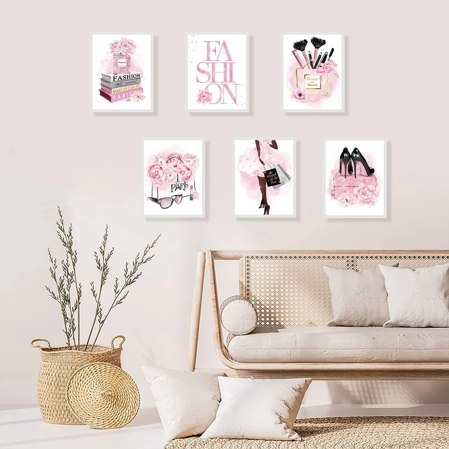 African American Wall Art Fashion Wall Decor Black Girl Canvas Poster, Pink Flowers Perfume Handbags High Heels Prints Wall Pictures Paintings for Girls Bedroom Wall Decor, Set of 6. 8x10in UNFRAMED