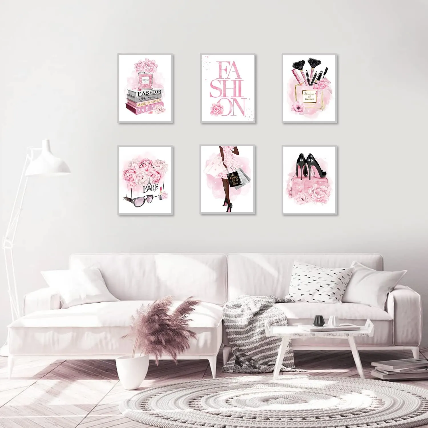 African American Wall Art Fashion Wall Decor Black Girl Canvas Poster, Pink Flowers Perfume Handbags High Heels Prints Wall Pictures Paintings for Girls Bedroom Wall Decor, Set of 6. 8x10in UNFRAMED