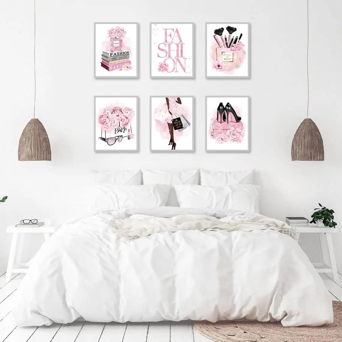 African American Wall Art Fashion Wall Decor Black Girl Canvas Poster, Pink Flowers Perfume Handbags High Heels Prints Wall Pictures Paintings for Girls Bedroom Wall Decor, Set of 6. 8x10in UNFRAMED
