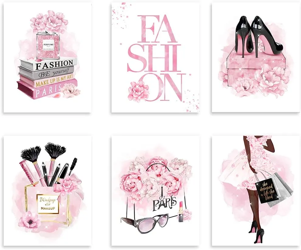 African American Wall Art Fashion Wall Decor Black Girl Canvas Poster, Pink Flowers Perfume Handbags High Heels Prints Wall Pictures Paintings for Girls Bedroom Wall Decor, Set of 6. 8x10in UNFRAMED