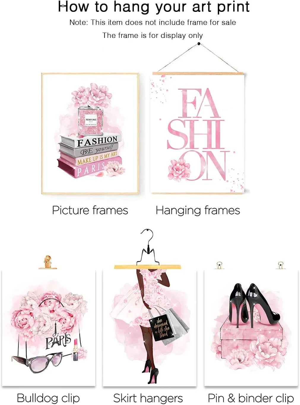 African American Wall Art Fashion Wall Decor Black Girl Canvas Poster, Pink Flowers Perfume Handbags High Heels Prints Wall Pictures Paintings for Girls Bedroom Wall Decor, Set of 6. 8x10in UNFRAMED