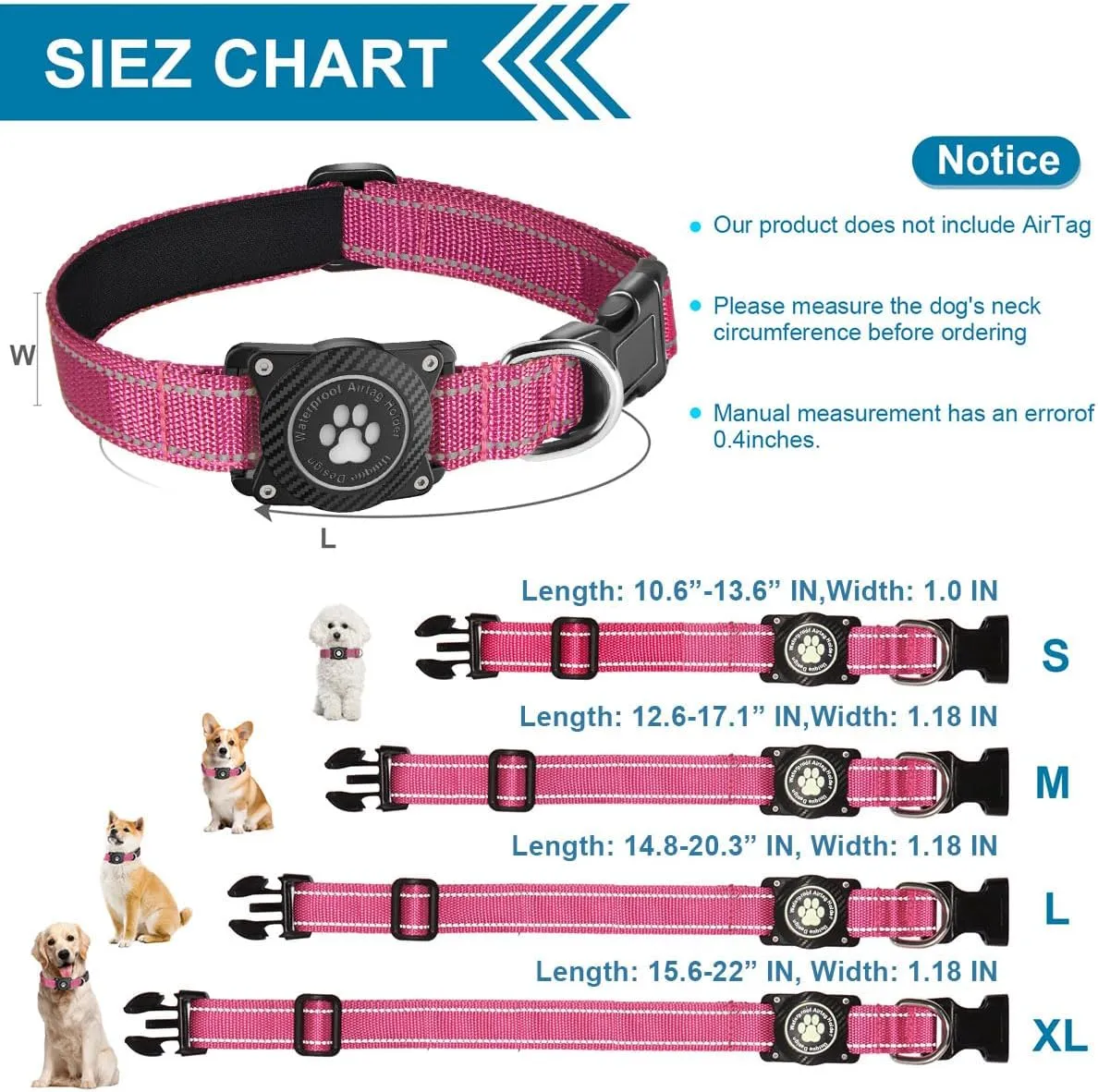 Airtag Dog Collar, Nylon Collar with Waterproof Air Tag Holder, Luminous Reflective Adjustable Pet Collar for Small Medium Large Heavy Duty Dogs,Red, S