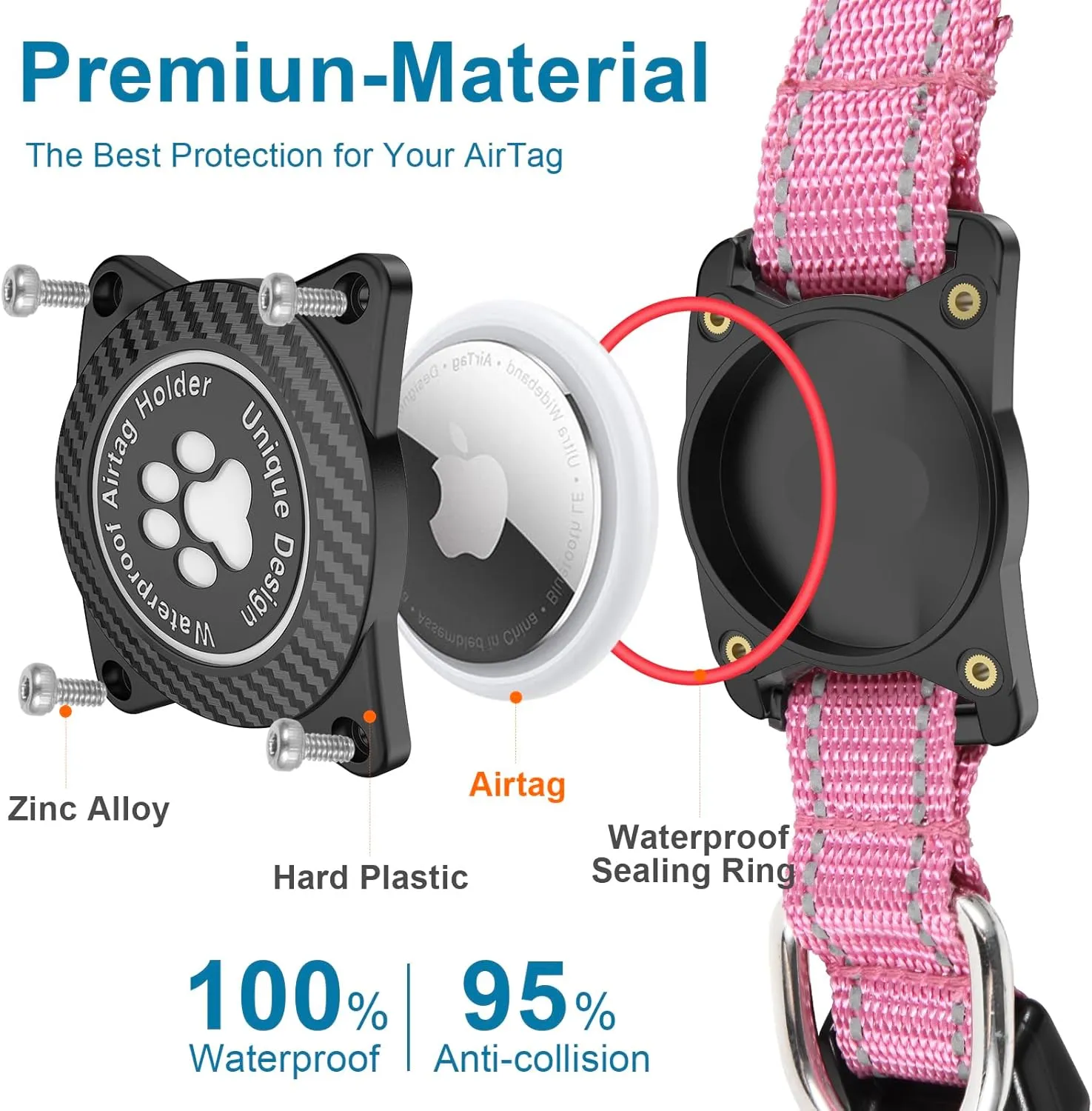 Airtag Dog Collar, Nylon Collar with Waterproof Air Tag Holder, Luminous Reflective Adjustable Pet Collar for Small Medium Large Heavy Duty Dogs,Red, S