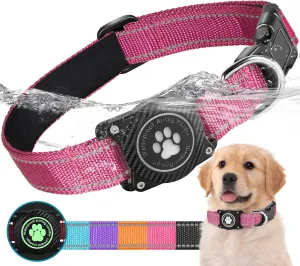 Airtag Dog Collar, Nylon Collar with Waterproof Air Tag Holder, Luminous Reflective Adjustable Pet Collar for Small Medium Large Heavy Duty Dogs,Red, S