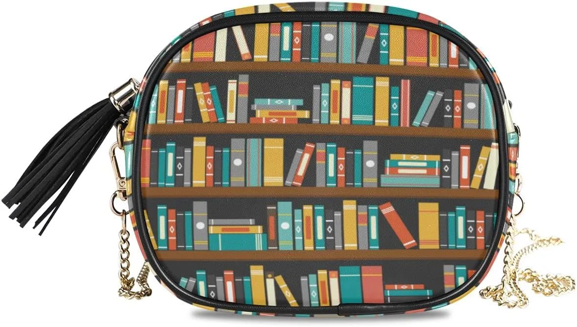 ALAZA Library Book Shelf PU Leather Small Women Crossbody Shoulder Bag Purse Wallet with Adjustable Chain Strap