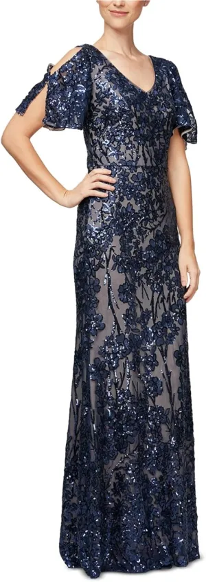 Alex Evenings Women's Long Mother of The Bride Sequin Dress with Cold Shoulder Flutter Sleeves (Petite and Regular Sizes)