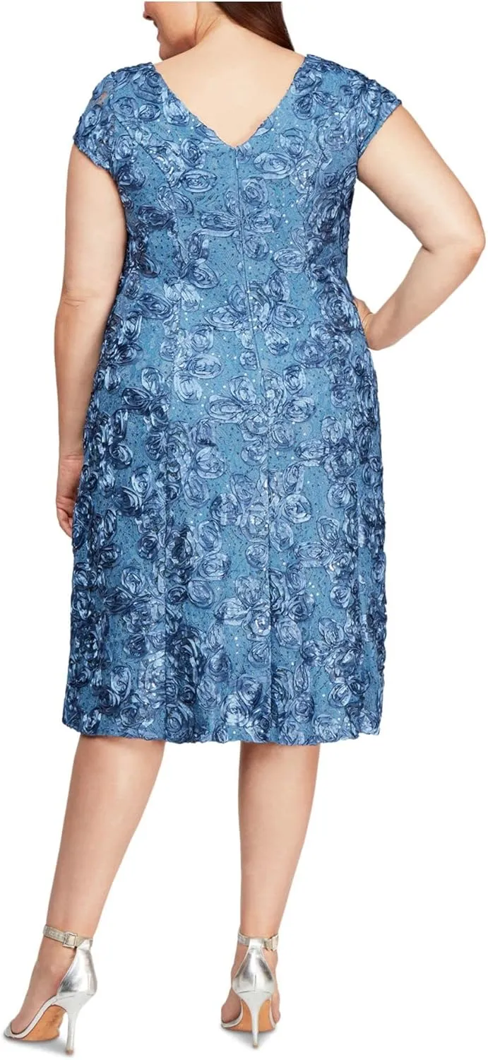 Alex Evenings Women's Plus Size Tea Length Dress with Rosette Detail