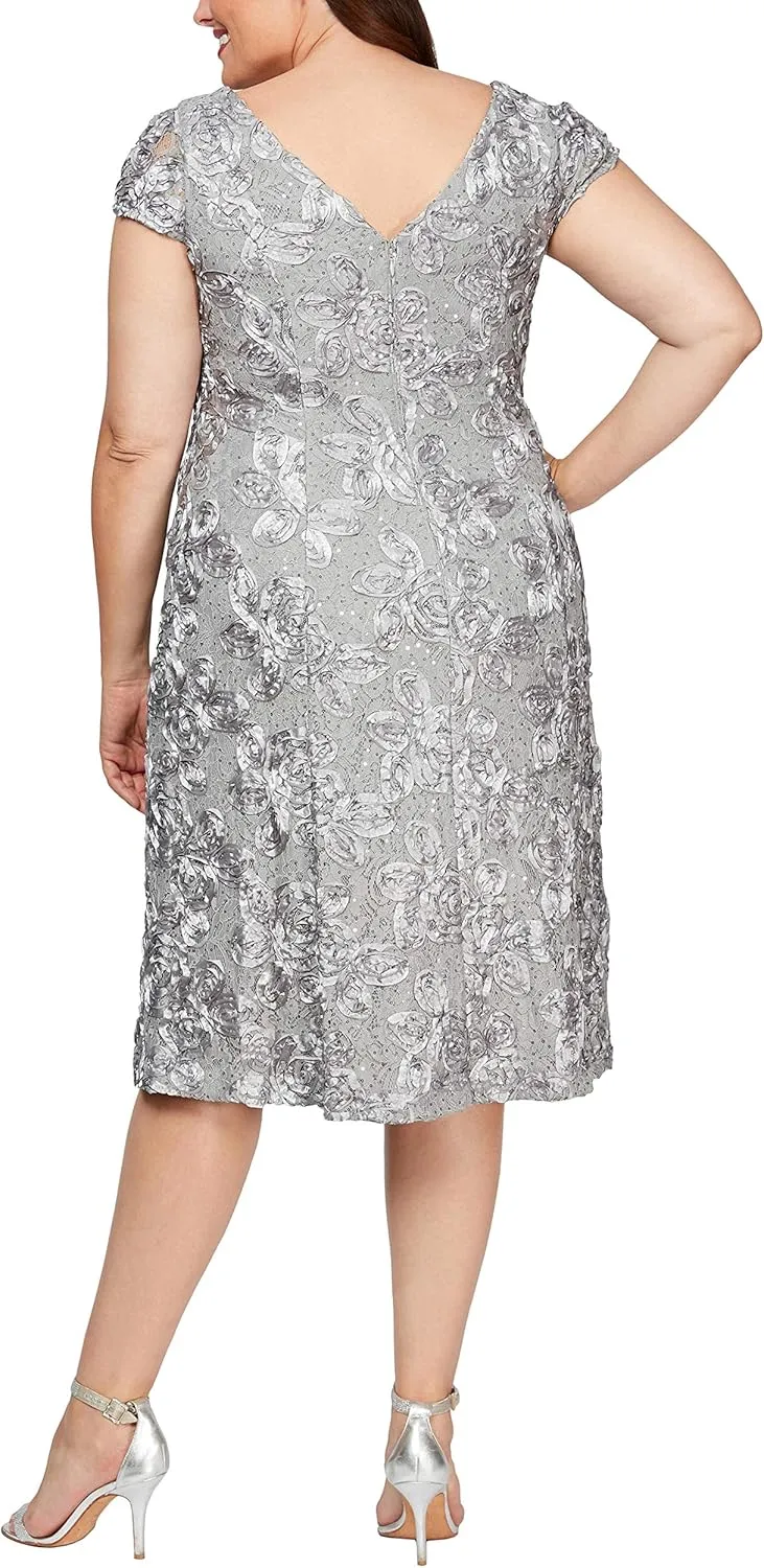 Alex Evenings Women's Plus Size Tea Length Dress with Rosette Detail