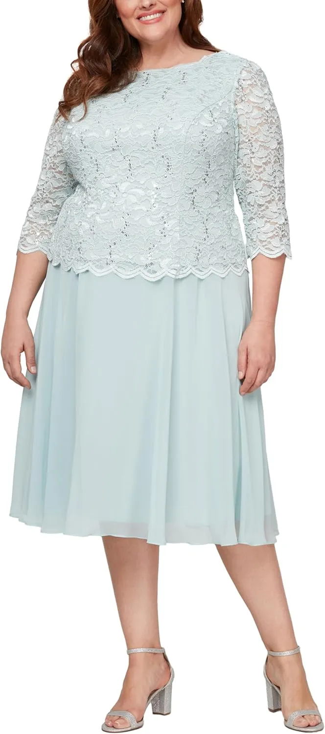 Alex Evenings Women's Plus Size Tea Length Lace Mock Dress