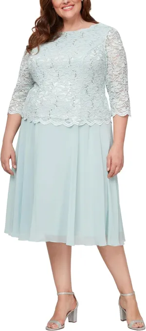 Alex Evenings Women's Plus Size Tea Length Lace Mock Dress