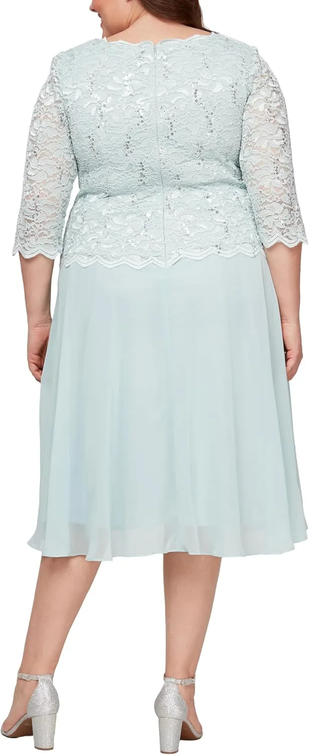 Alex Evenings Women's Plus Size Tea Length Lace Mock Dress