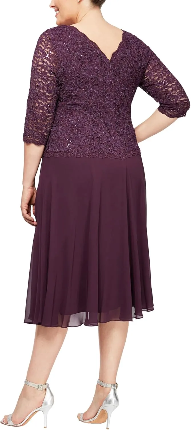Alex Evenings Women's Plus Size Tea Length Lace Mock Dress