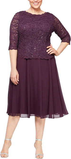 Alex Evenings Women's Plus Size Tea Length Lace Mock Dress
