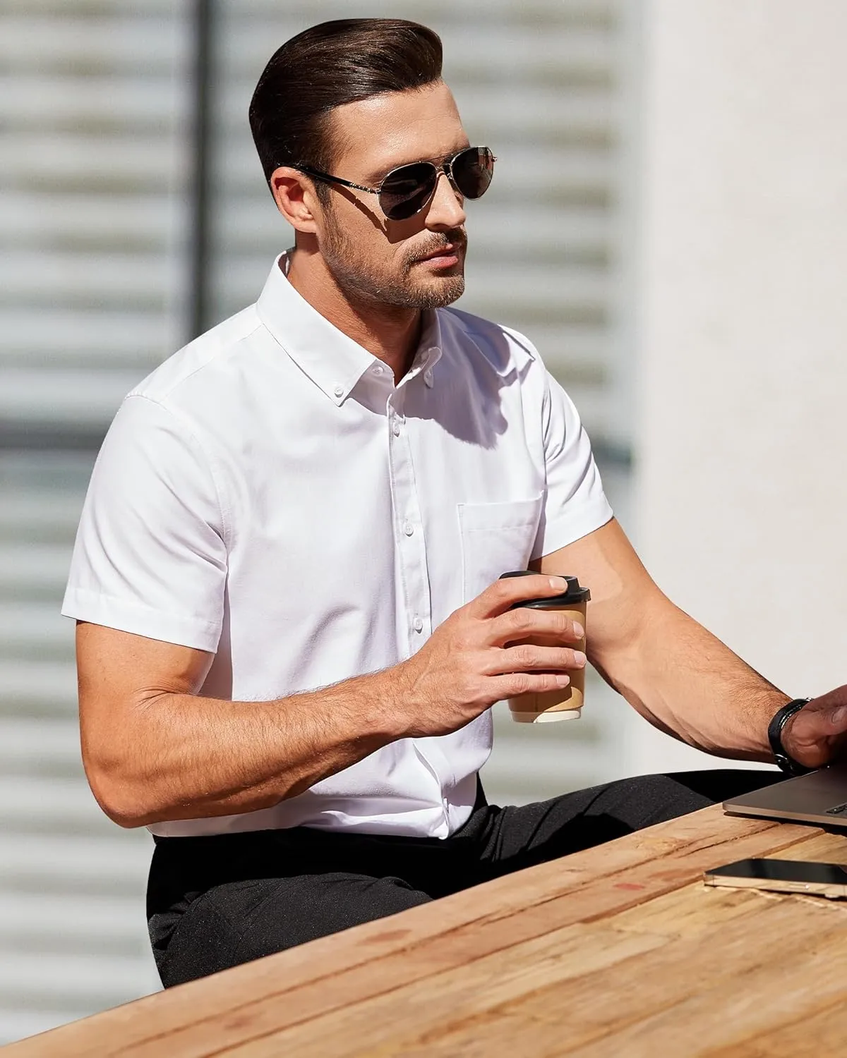 Alimens & Gentle Men's Short Sleeve Oxford Shirt Regular Fit Button Down Collar Shirts with Pocket
