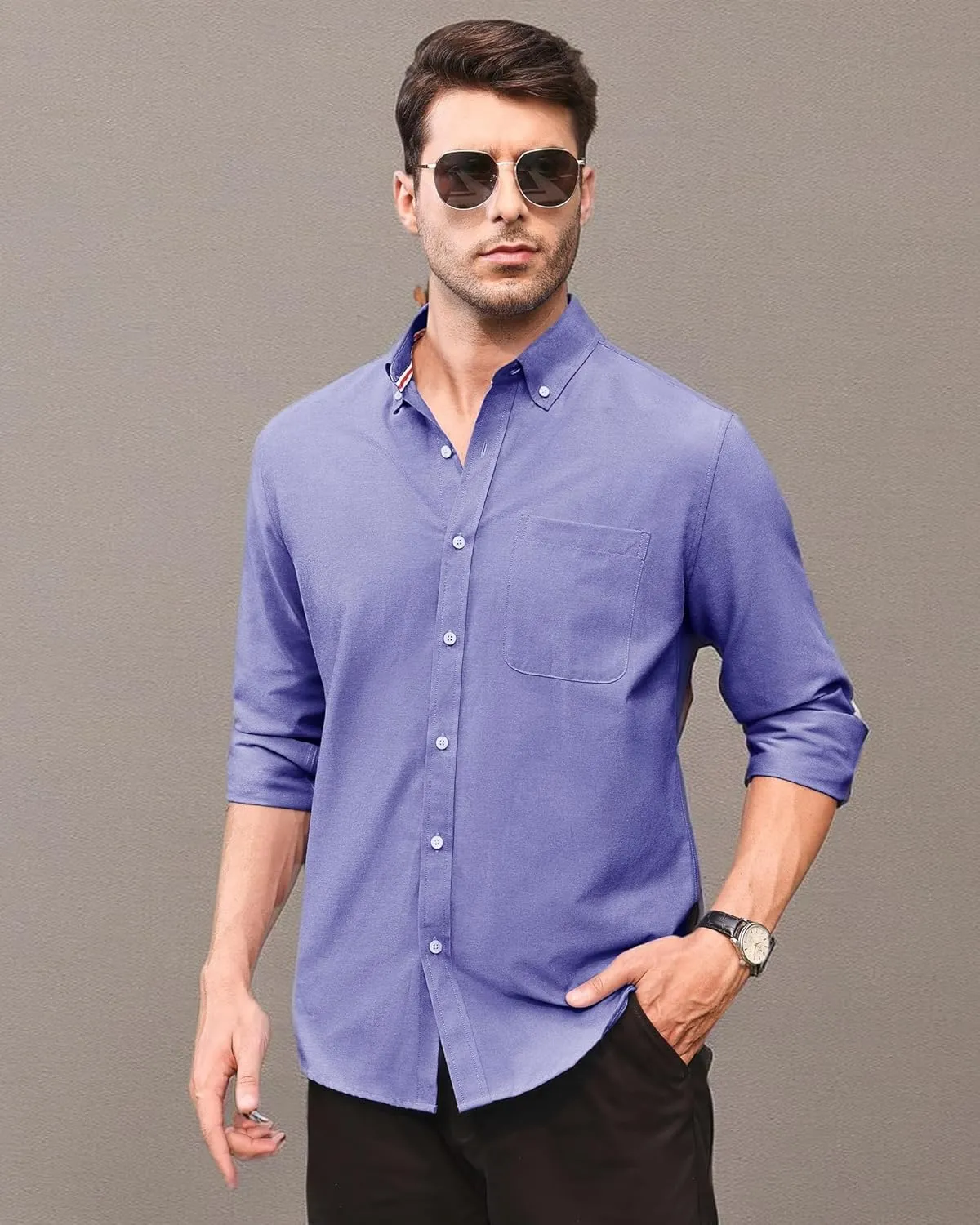 Alimens & Gentle Mens Solid Oxford Shirt Long Sleeve Dress Shirt Work Casual Button Down Shirts with Pocket