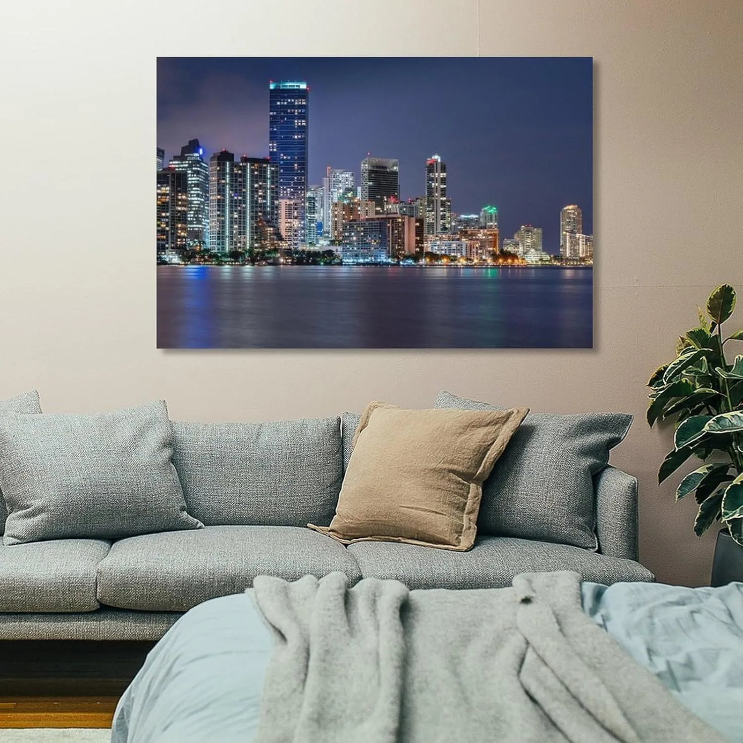 ALKoy Miami Waterfront Skyline at Night Across Biscayne Bay from Rickenbacker Causeway Canvas Print - Skyl Poster for Room Aesthetics Canvas Wall Art Poster And Print Frame-style 20x30inch(50x75cm)