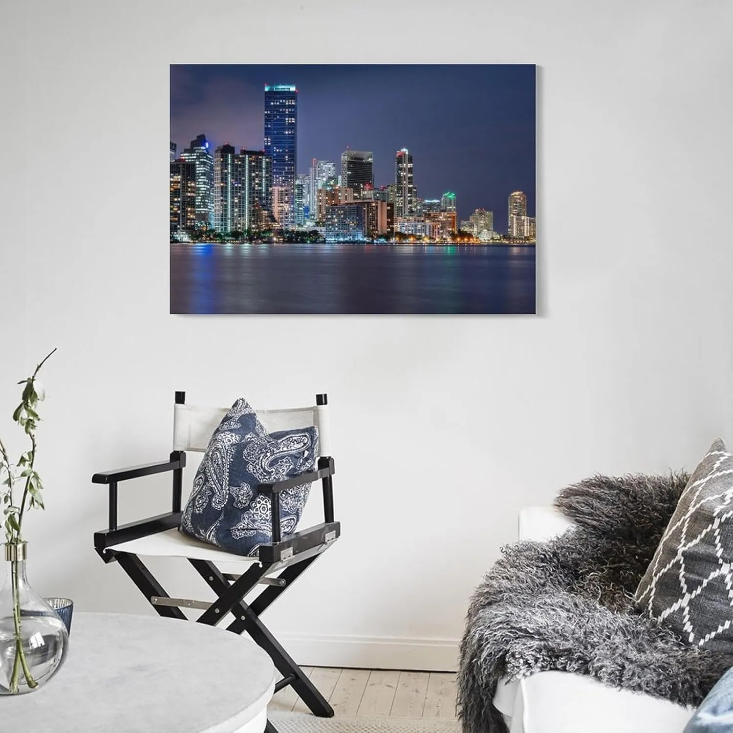 ALKoy Miami Waterfront Skyline at Night Across Biscayne Bay from Rickenbacker Causeway Canvas Print - Skyl Poster for Room Aesthetics Canvas Wall Art Poster And Print Frame-style 20x30inch(50x75cm)