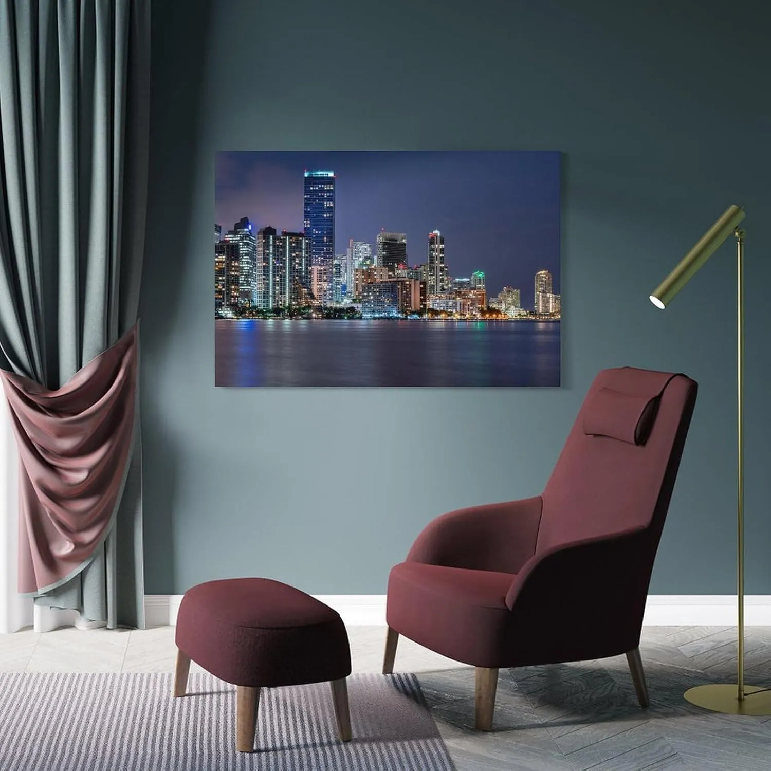 ALKoy Miami Waterfront Skyline at Night Across Biscayne Bay from Rickenbacker Causeway Canvas Print - Skyl Poster for Room Aesthetics Canvas Wall Art Poster And Print Frame-style 20x30inch(50x75cm)