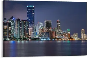 ALKoy Miami Waterfront Skyline at Night Across Biscayne Bay from Rickenbacker Causeway Canvas Print - Skyl Poster for Room Aesthetics Canvas Wall Art Poster And Print Frame-style 20x30inch(50x75cm)