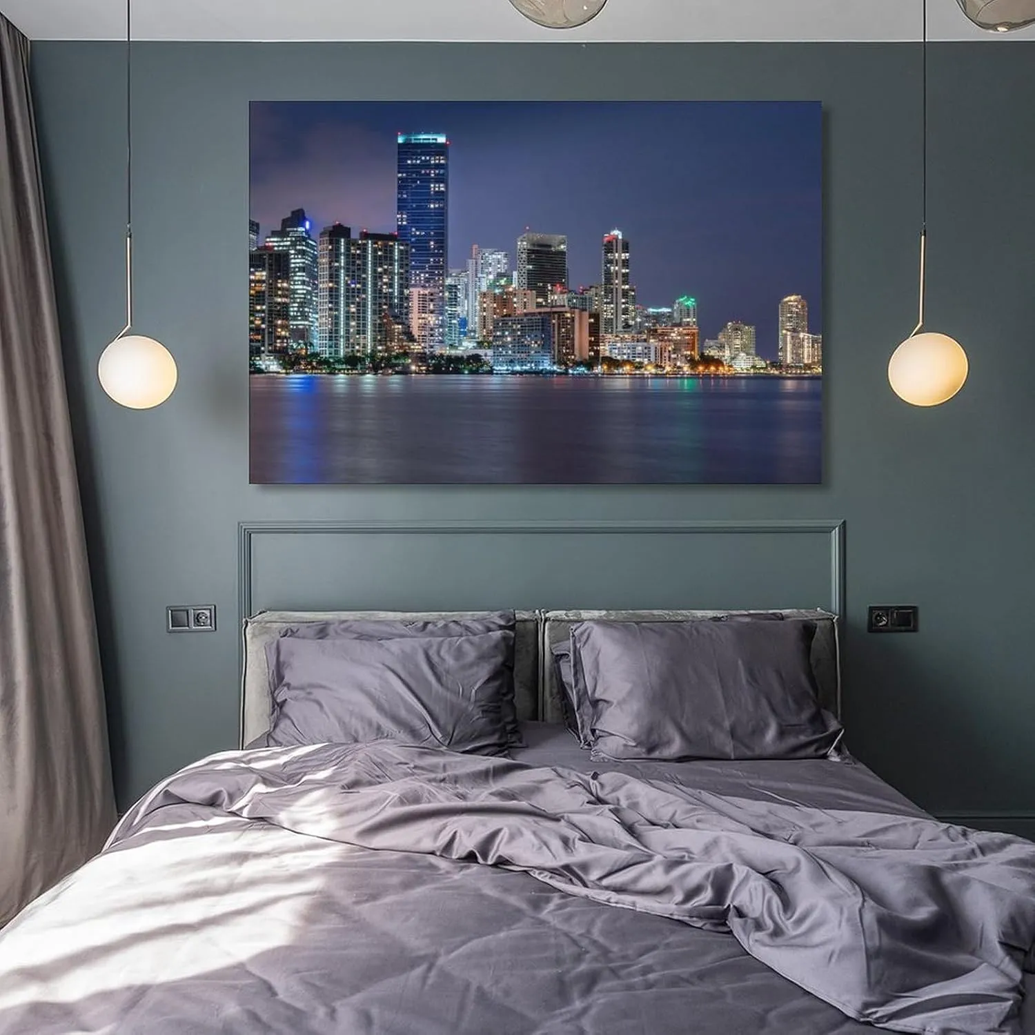 ALKoy Miami Waterfront Skyline at Night Across Biscayne Bay from Rickenbacker Causeway Canvas Print - Skyl Poster for Room Aesthetics Canvas Wall Art Poster And Print Frame-style 20x30inch(50x75cm)