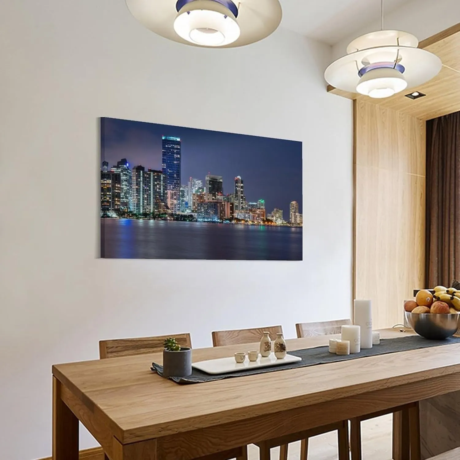 ALKoy Miami Waterfront Skyline at Night Across Biscayne Bay from Rickenbacker Causeway Canvas Print - Skyl Poster for Room Aesthetics Canvas Wall Art Poster And Print Frame-style 20x30inch(50x75cm)