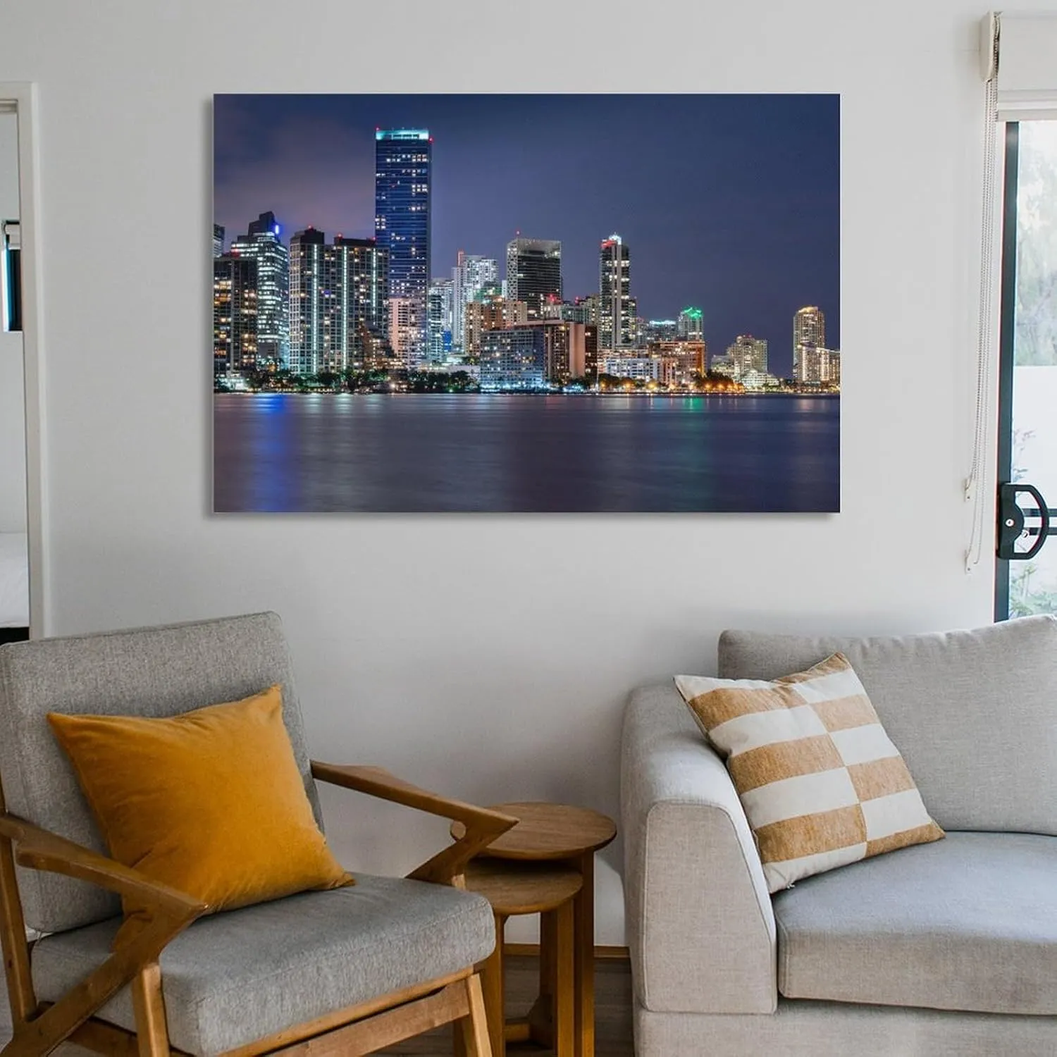 ALKoy Miami Waterfront Skyline at Night Across Biscayne Bay from Rickenbacker Causeway Canvas Print - Skyl Poster for Room Aesthetics Canvas Wall Art Poster And Print Frame-style 20x30inch(50x75cm)