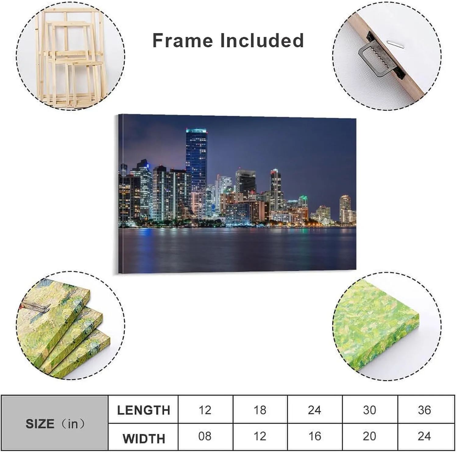 ALKoy Miami Waterfront Skyline at Night Across Biscayne Bay from Rickenbacker Causeway Canvas Print - Skyl Poster for Room Aesthetics Canvas Wall Art Poster And Print Frame-style 20x30inch(50x75cm)
