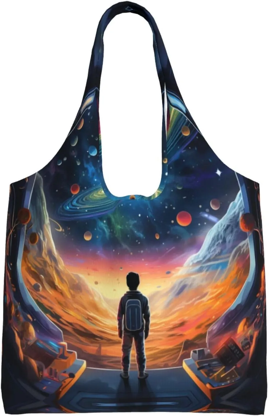 Alone in the colorful universe Large capacity single-shoulder commuter canvas bag, suitable for shopping, travel, multi-purpose, light and not shoulder-squeezing