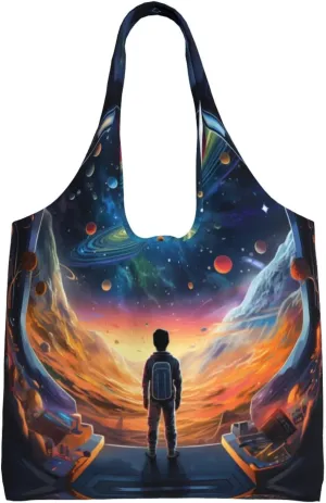 Alone in the colorful universe Large capacity single-shoulder commuter canvas bag, suitable for shopping, travel, multi-purpose, light and not shoulder-squeezing