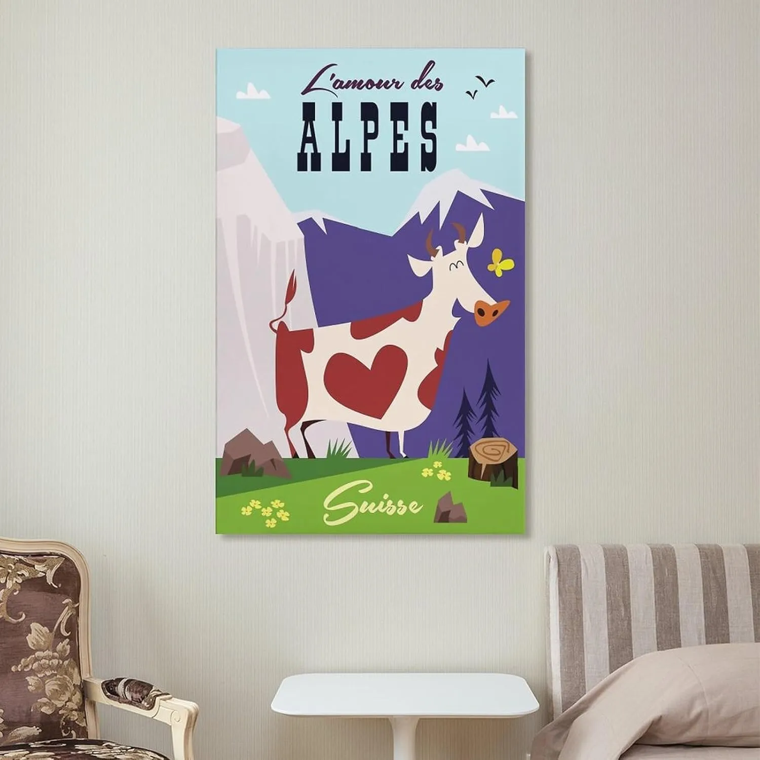 Alps Cow Switzerland Vintage Travel Poster Print Canvas Wall Art for Bedroom Living Room HD Print Posters 20x30inch(50x75cm)