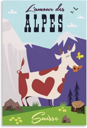 Alps Cow Switzerland Vintage Travel Poster Print Canvas Wall Art for Bedroom Living Room HD Print Posters 20x30inch(50x75cm)