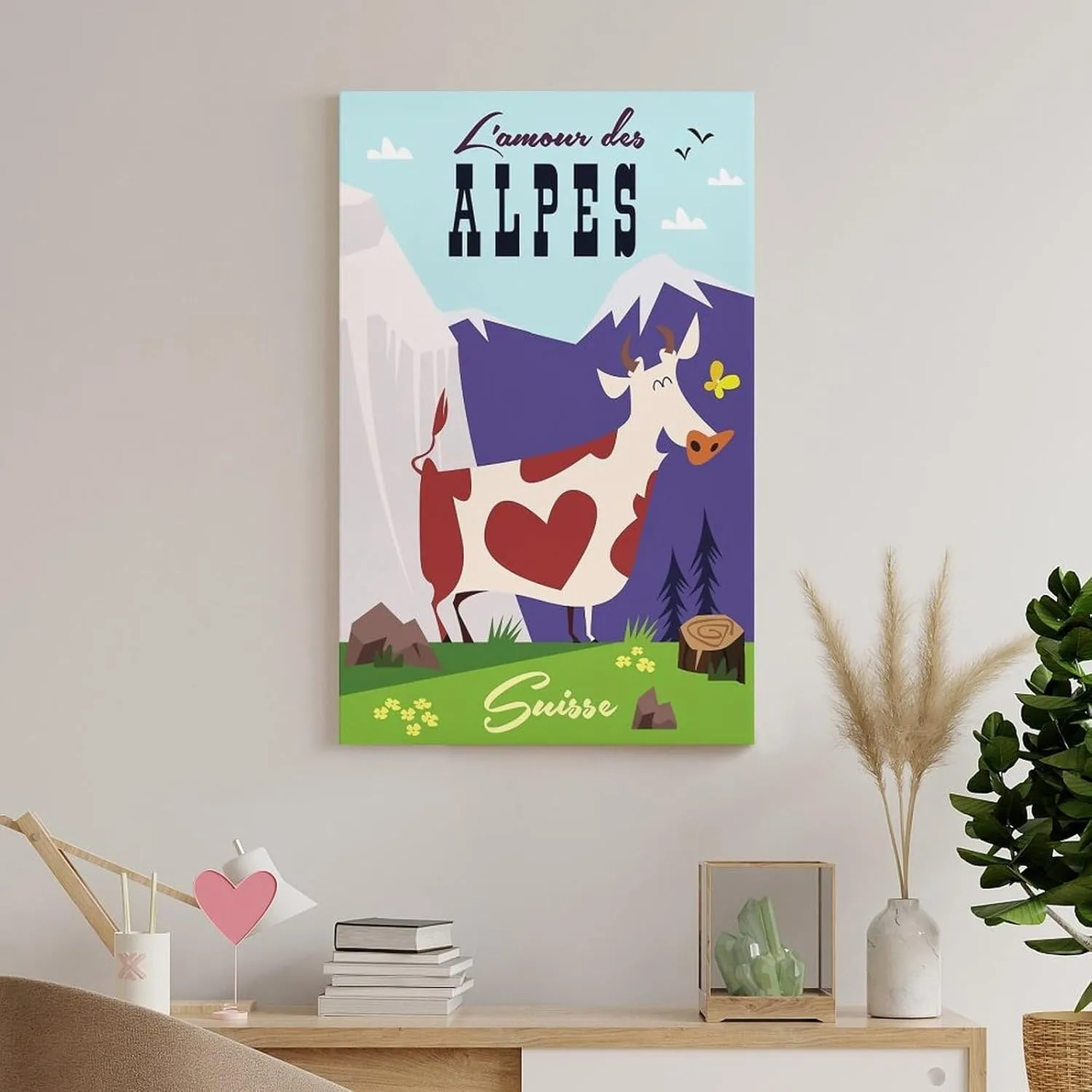 Alps Cow Switzerland Vintage Travel Poster Print Canvas Wall Art for Bedroom Living Room HD Print Posters 20x30inch(50x75cm)