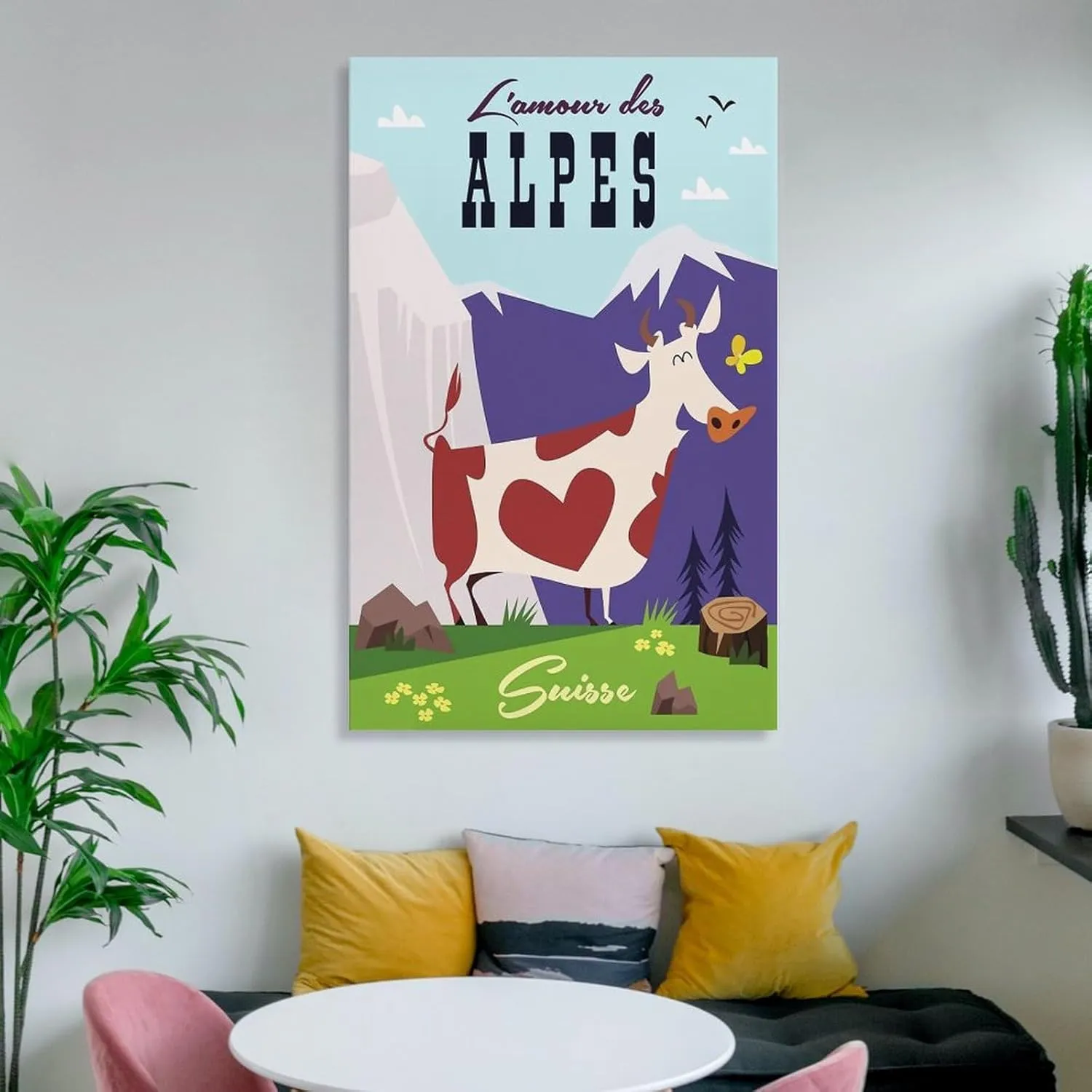 Alps Cow Switzerland Vintage Travel Poster Print Canvas Wall Art for Bedroom Living Room HD Print Posters 20x30inch(50x75cm)