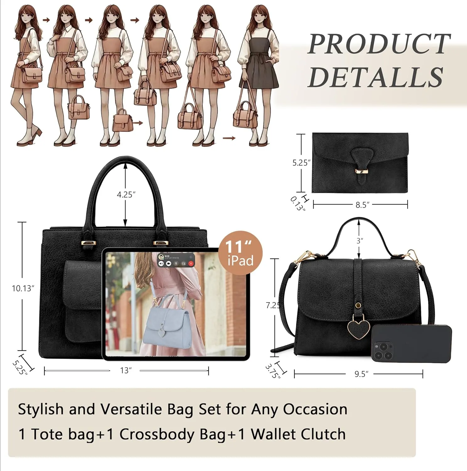 ALYSSA Tote Bag for Women Medium Crossbody Purse Shoulder Bag Top Handle Satchel Cute Wallet 3Pcs Handbags Set Gift
