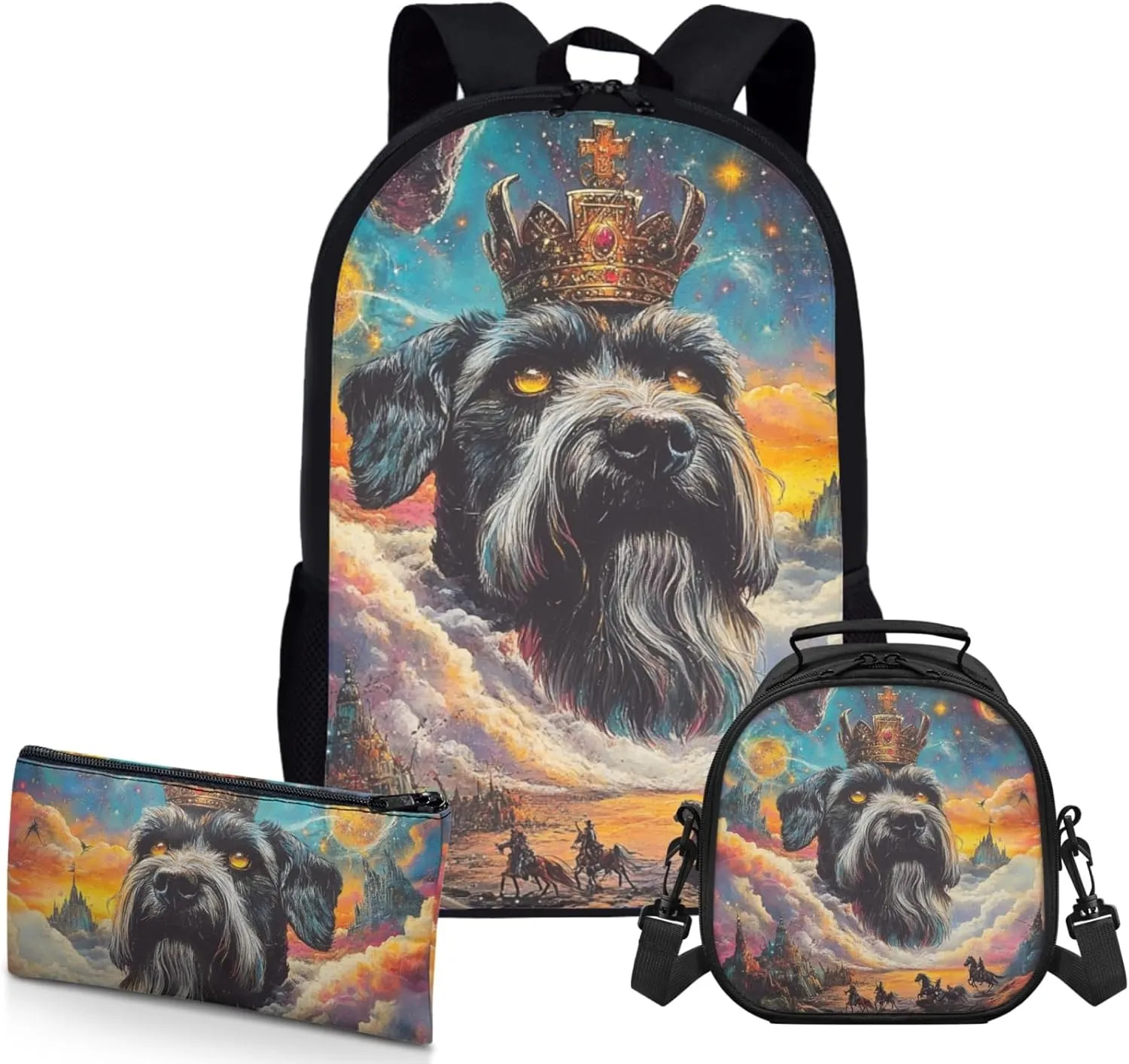 AmzPrint Miniature Schnauzer Dog School Backpack With Lunch Bags Set For Students Girls Boys Middle School Backpack Set