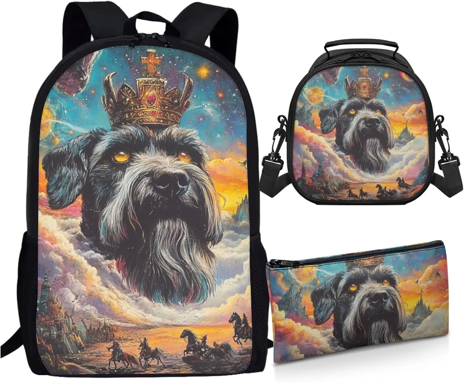 AmzPrint Miniature Schnauzer Dog School Backpack With Lunch Bags Set For Students Girls Boys Middle School Backpack Set