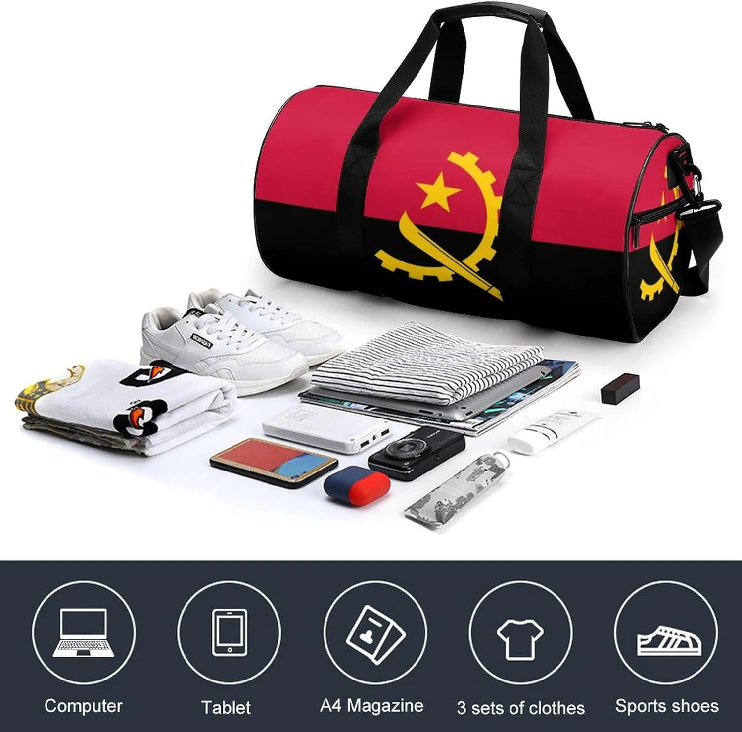 Angola Flag Sports Duffel Bag for Men Women with Shoe Compartment Gym Weekender Tote