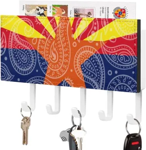 Ari-Zona Flag Paisley Pattern Novelty Key Holder Funny Keys Hook Mail Organizer Hanging Rack Decor with 5 Hooks for Wall