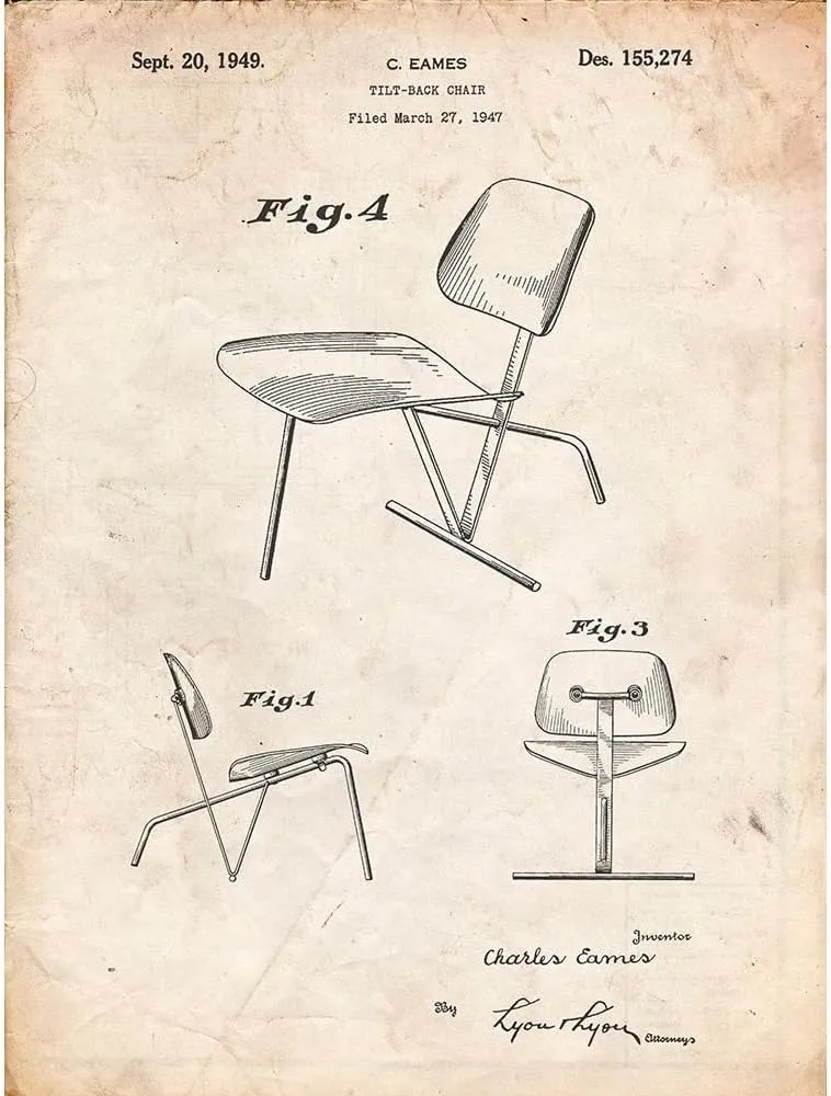 ArtDirect PP159- Vintage Parchment Eames Tilt Back Chair Patent Poster 36x48 Huge Black Modern Wood Framed Canvas Giclee Art by Borders, Cole