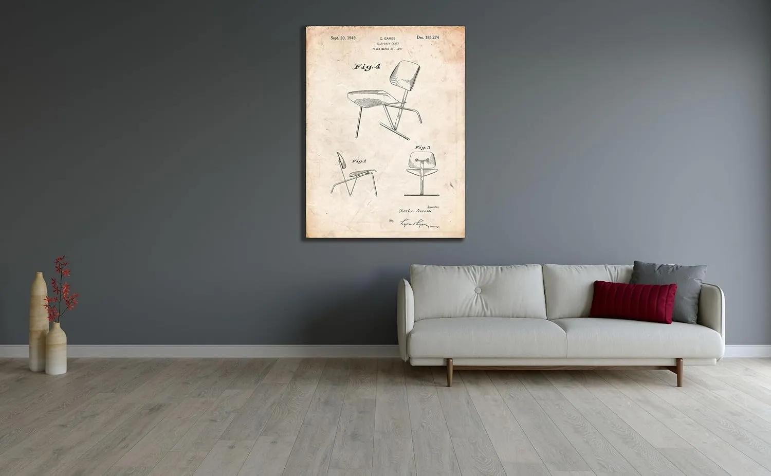 ArtDirect PP159- Vintage Parchment Eames Tilt Back Chair Patent Poster 36x48 Huge Black Modern Wood Framed Canvas Giclee Art by Borders, Cole