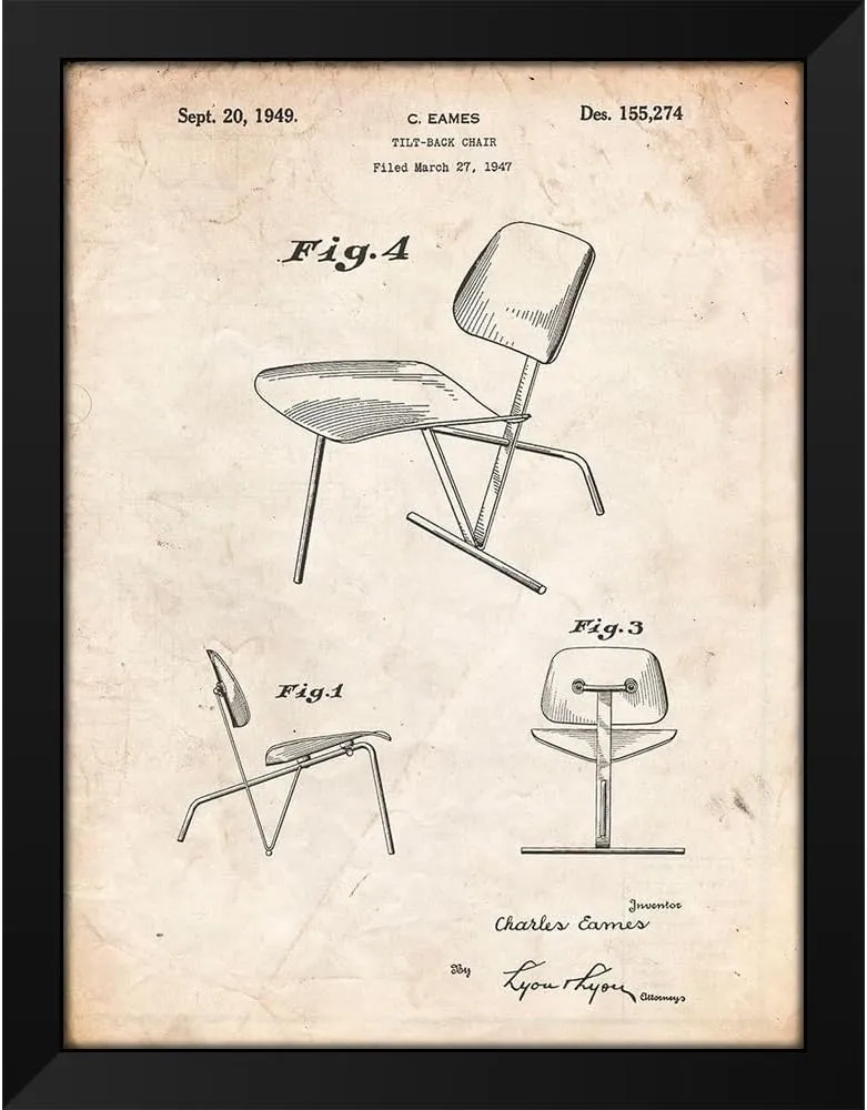 ArtDirect PP159- Vintage Parchment Eames Tilt Back Chair Patent Poster 36x48 Huge Black Modern Wood Framed Canvas Giclee Art by Borders, Cole