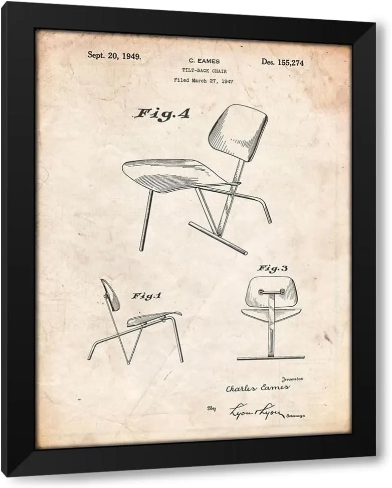 ArtDirect PP159- Vintage Parchment Eames Tilt Back Chair Patent Poster 36x48 Huge Black Modern Wood Framed Canvas Giclee Art by Borders, Cole