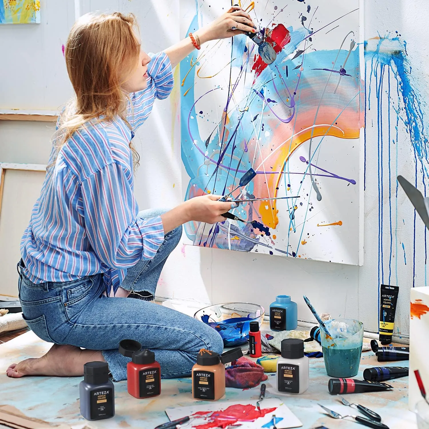 ARTEZA Acrylic Paint, A719 Pearl Electric Blue, 16.9 fl oz, 500ml Jar, Opaque, Quick-Drying, Acrylic Paints for Painting on Canvas