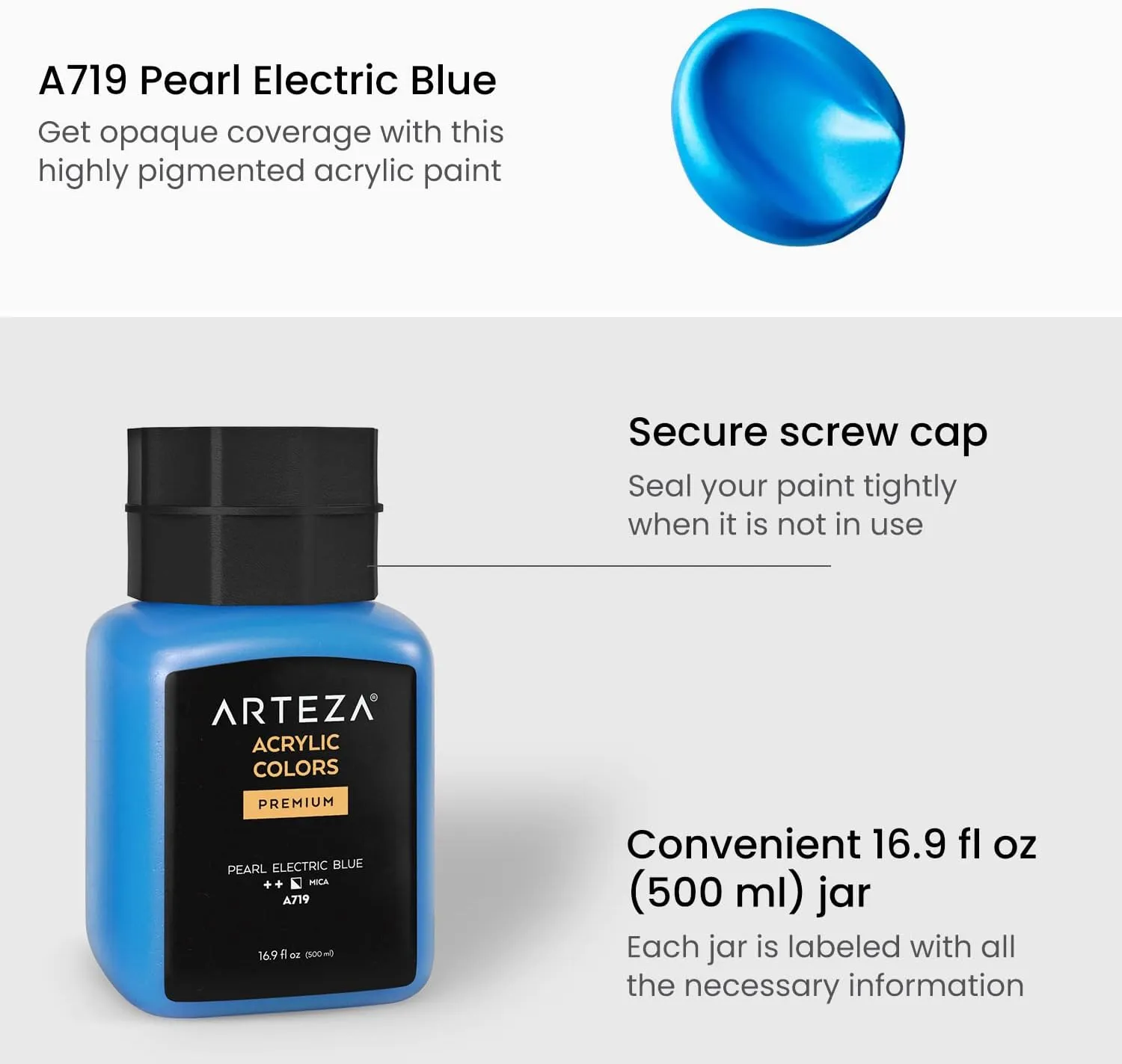 ARTEZA Acrylic Paint, A719 Pearl Electric Blue, 16.9 fl oz, 500ml Jar, Opaque, Quick-Drying, Acrylic Paints for Painting on Canvas