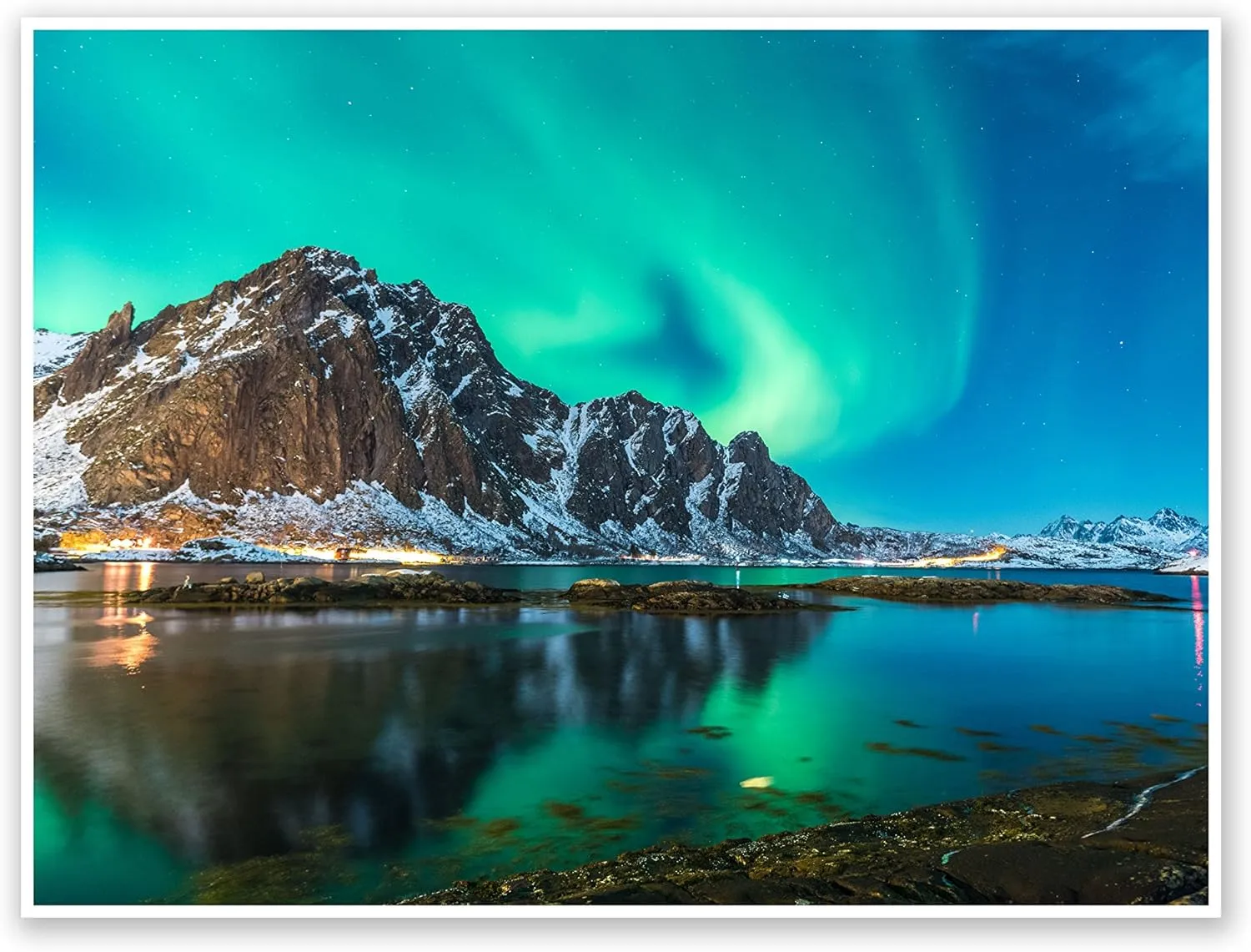 Artsy Canvas Northern Lights Lake - Water Landscapes - 16x12 Matte Poster Print Wall Art