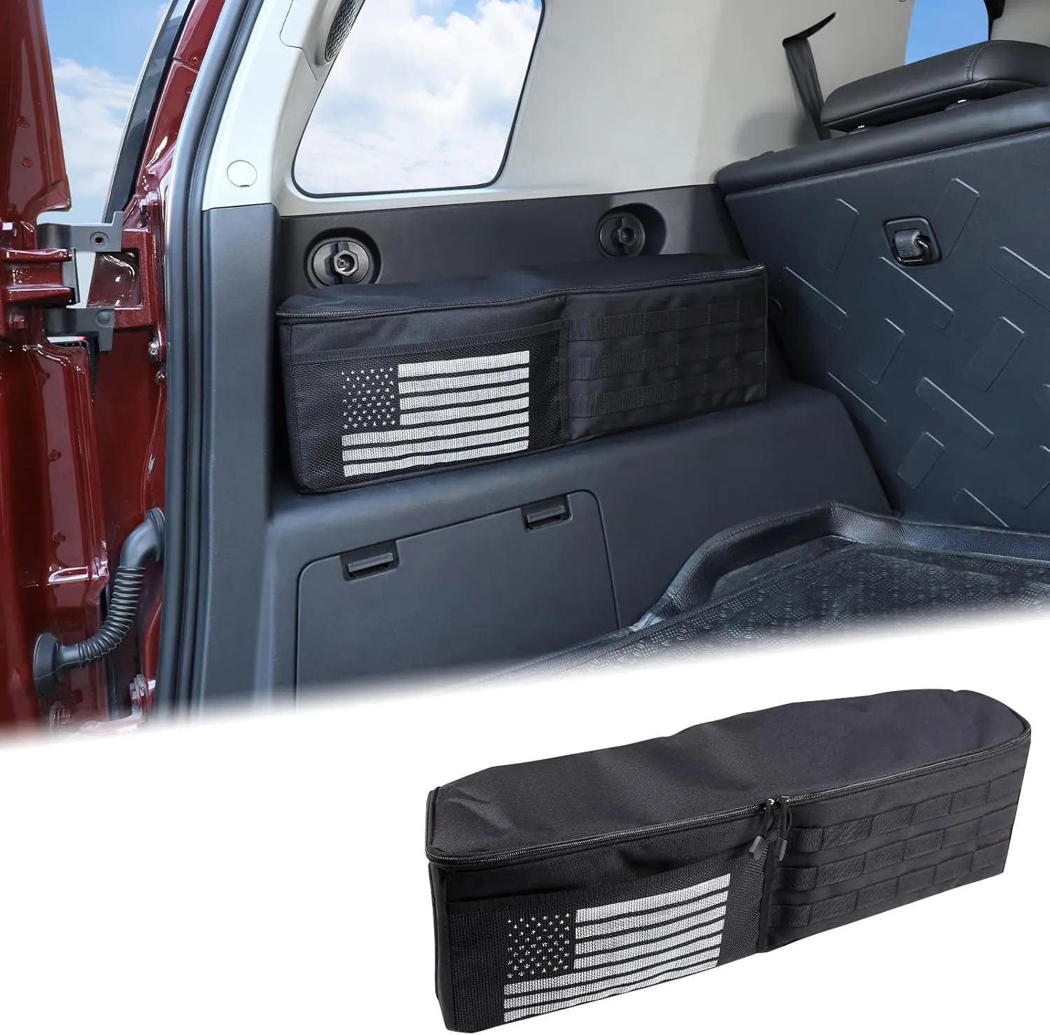 Aunginsy Car Trunk Organizer Compatible with Toyota FJ Cruiser 2007-2021 Trunk Storage Box Left Backseat Hanging Organizer Storage Bag Multi-Compartment Oxford Cloth With USA Flag Pattern Accessories