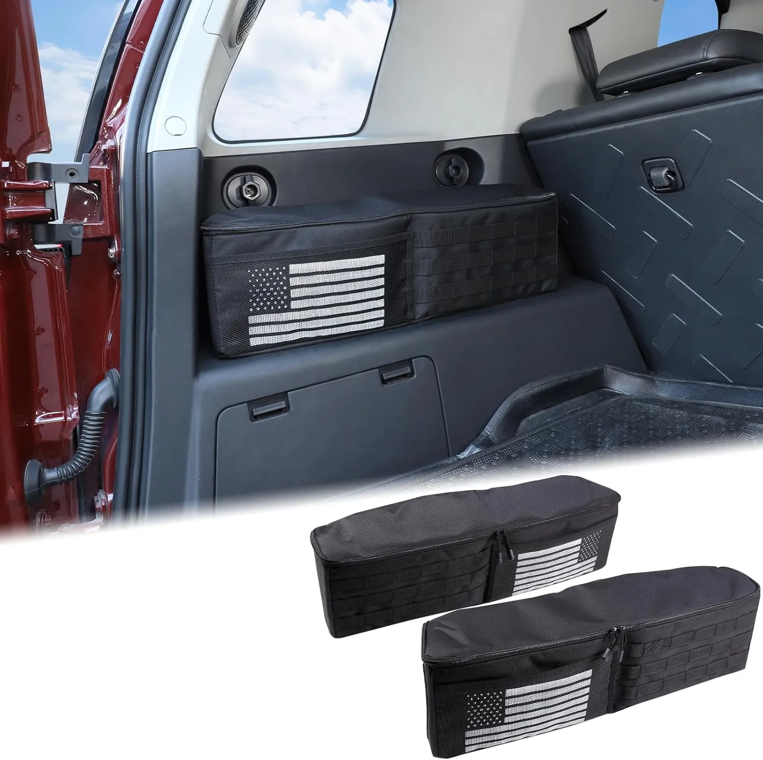 Aunginsy Car Trunk Organizer Compatible with Toyota FJ Cruiser 2007-2021 Trunk Storage Box Left Backseat Hanging Organizer Storage Bag Multi-Compartment Oxford Cloth With USA Flag Pattern Accessories