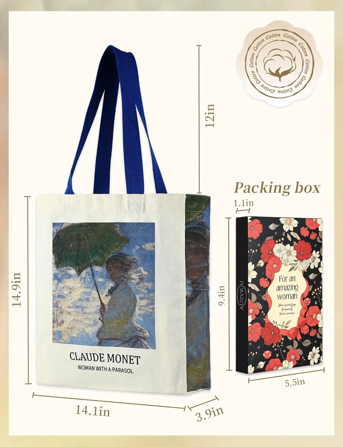 AUSVKAI Cute Canvas Tote Bag for Women, Reusable Designer Bags with Handles Pockets&Snaps for College Beach Everyday Grocery