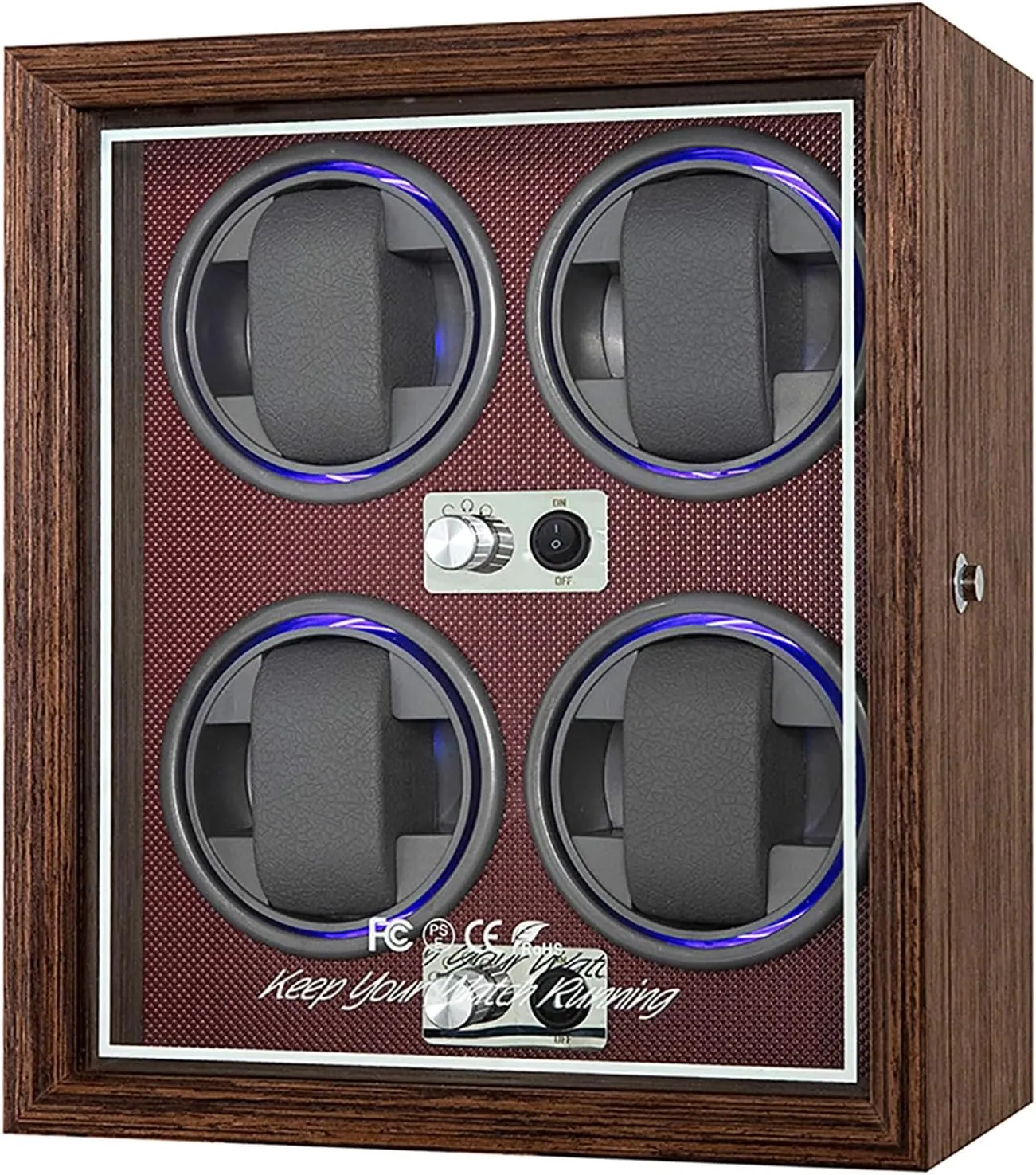 Automatic Watch Winder for 4 Watches PU Leather Self-Winding Mechanical Watch Box 4 Rotation Mode Settings with Quiet Motor Blue Led Light for Men and Women Watches