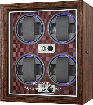 Automatic Watch Winder for 4 Watches PU Leather Self-Winding Mechanical Watch Box 4 Rotation Mode Settings with Quiet Motor Blue Led Light for Men and Women Watches
